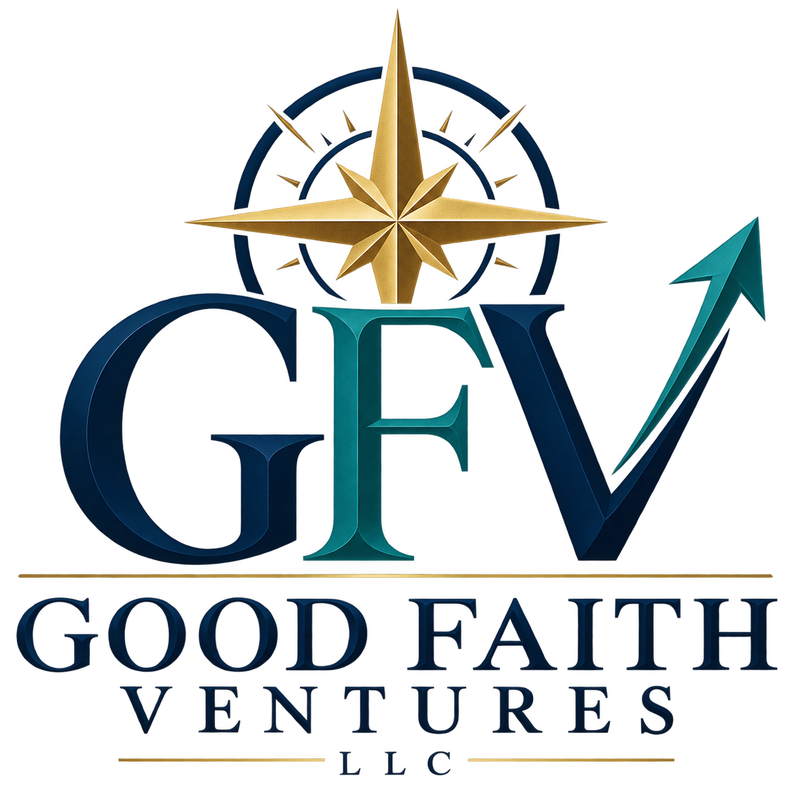 Good Faith Ventures LLC compass and GFV growth-arrow logo
